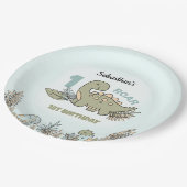 Niedlicher Cartoon Dinosaur Blue Green Boy 1. Gebu Pappteller (Schrägansicht)