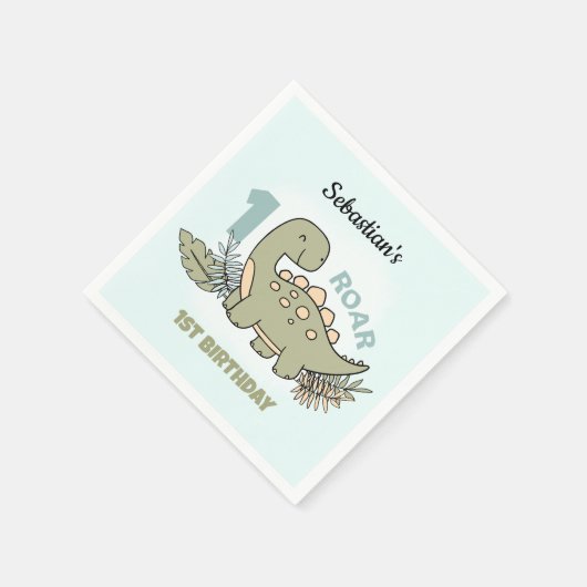 Niedlicher Cartoon Dinosaur Blue Green Boy 1. Gebu Serviette (Ecke)