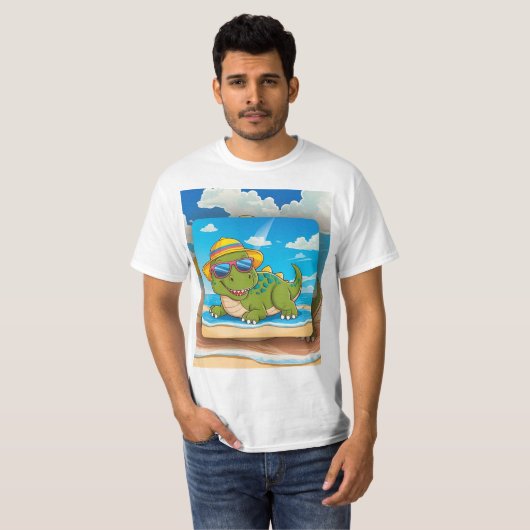 Niedlicher Cartoon Dinosaur Entspannen am Strand m T-Shirt (Vorne ganz)