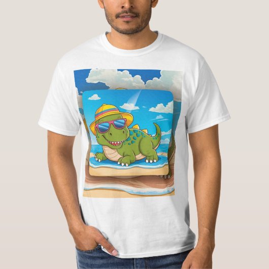 Niedlicher Cartoon Dinosaur Entspannen am Strand m T-Shirt (Vorderseite)