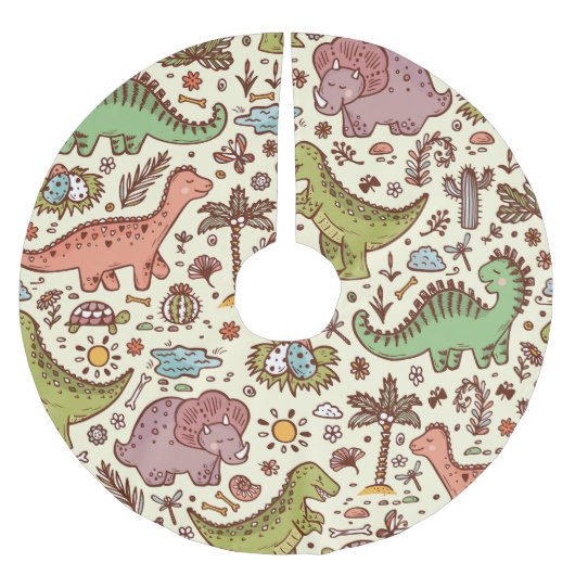 Niedlicher Cartoon Dinosaur Vintages Muster Polyester Weihnachtsbaumdecke (Vorderseite)