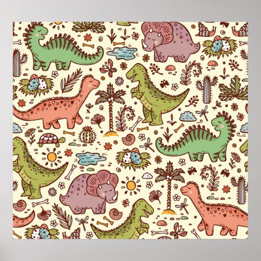 Niedlicher Cartoon Dinosaur Vintages Muster Poster (Vorne)