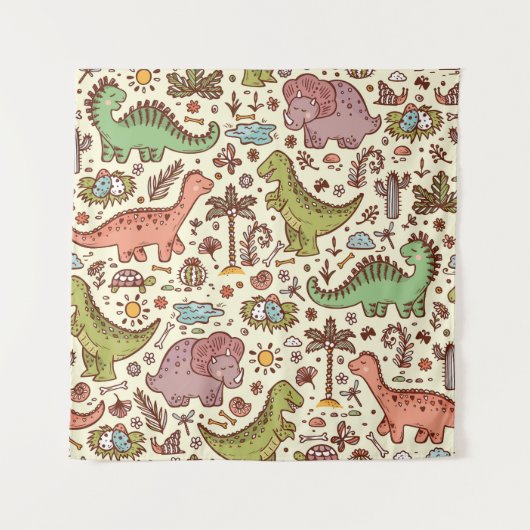 Niedlicher Cartoon Dinosaur Vintages Muster Wandteppich (Vorderseite)