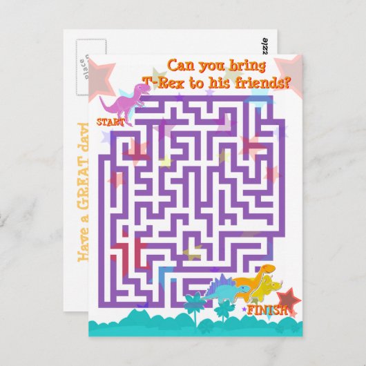 Niedlicher Cartoon Dinosaurier Labyrinth Puzzle Ga Postkarte (Vorne/Hinten)