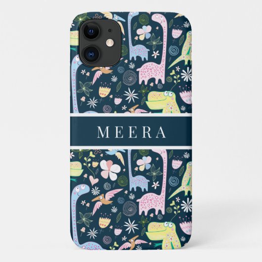 Niedlicher Cartoon Dinosaurier Muster Name Dunkelb Case-Mate iPhone Hülle (Rückseite)