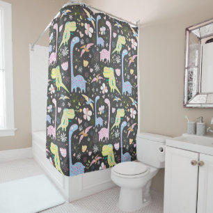 Niedlicher Cartoon Dinosaurs Muster Dunkelgrau Duschvorhang