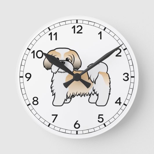 Niedlicher Cartoon Dog aus Gold und Weiß-Shih Tzu Runde Wanduhr (Vorderseite)