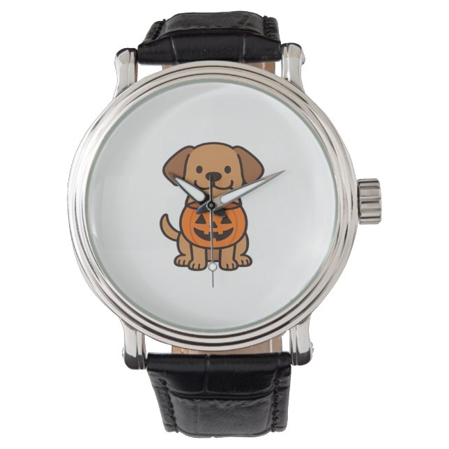 Niedlicher Cartoon Dog Trick-or-Treating Classic T Armbanduhr (Vorderseite)