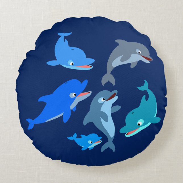 Niedlicher Cartoon Dolphin Pod Rundes Kissen (Vorderseite)