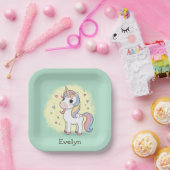 Niedlicher Cartoon Einhorn mit Regenbogenmane Pappteller (Party)
