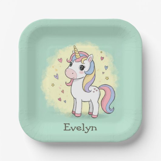 Niedlicher Cartoon Einhorn mit Regenbogenmane Pappteller (Vorderseite)