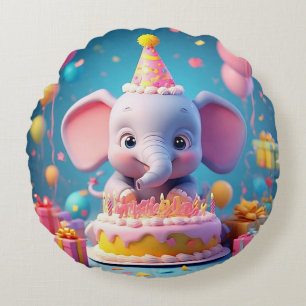 Niedlicher Cartoon-Elefant feiert Geburtstag Rundes Kissen