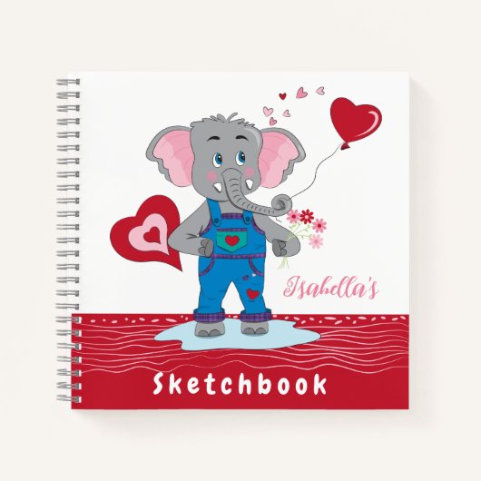 Niedlicher Cartoon Elephant Red White Kid Sketchbo Notizblock (Vorderseite)