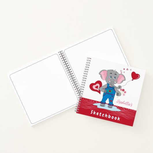 Niedlicher Cartoon Elephant Red White Kid Sketchbo Notizblock (Innenseite)