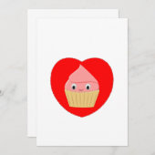 Niedlicher Cartoon Erdbeere Cupcake im Roten Herze Einladung (Vorne/Hinten)