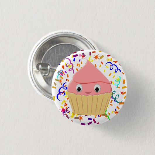 Niedlicher Cartoon Erdbeere Cupcake mit Confetti Button (Vorne & Hinten)