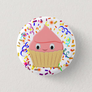 Niedlicher Cartoon Erdbeere Cupcake mit Confetti Button