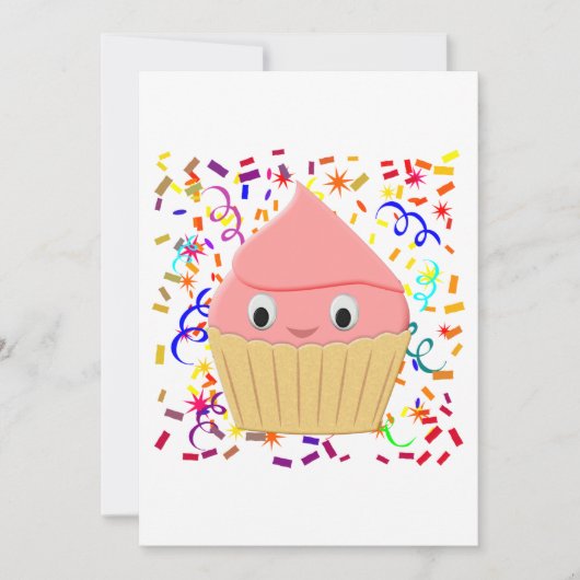 Niedlicher Cartoon Erdbeere Cupcake mit Confetti Einladung (Vorderseite)