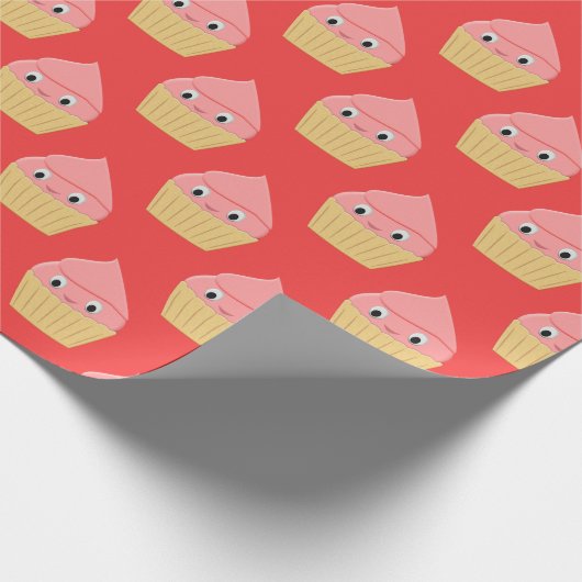 Niedlicher Cartoon Erdbeere Cupcake Rot Geschenkpapier (Ecke)