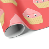 Niedlicher Cartoon Erdbeere Cupcake Rot Geschenkpapier (Rolleneckpunkt)