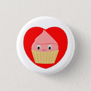 Niedlicher Cartoon Erdbeere Kuchen im Roten Herzen Button
