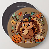 Niedlicher Cartoon Erntedank Truthahn und Kürbis Button (Vorne & Hinten)