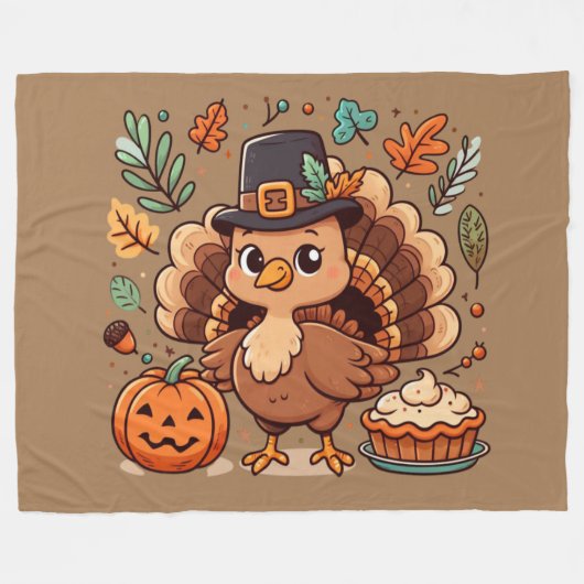 Niedlicher Cartoon Erntedank Truthahn und Kürbis Fleecedecke (Vorderseite (Horizontal))