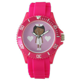 Niedlicher Cartoon Ethnic Nurse & Hearse Pink Armbanduhr