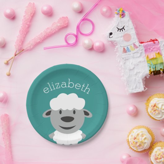 Niedlicher Cartoon Farm Sheep - Aquamarin und grau Pappteller (Party)