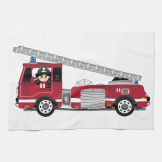 Niedlicher Cartoon-Feuerwehrmann und Feuer-Motor Geschirrtuch