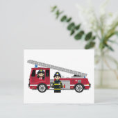 Niedlicher Cartoon Feuerwehrmann und Motor Postkarte (Stehend Vorderseite)