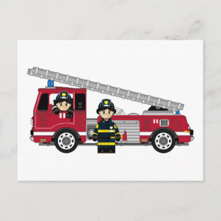 Niedlicher Cartoon Feuerwehrmann und Motor Postkarte