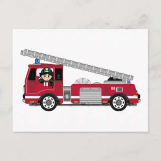 Niedlicher Cartoon Feuerwehrmann und Motor Postkarte