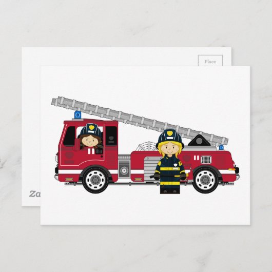 Niedlicher Cartoon Feuerwehrmann und Motor Postkarte (Vorne/Hinten)