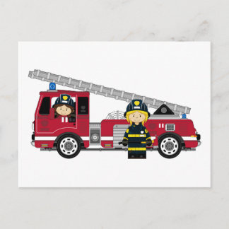 Niedlicher Cartoon Feuerwehrmann und Motor Postkarte