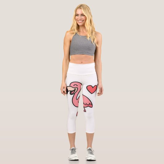 Niedlicher Cartoon Flamingo Sticker mit Herz Capri Leggings (Vorderseite)