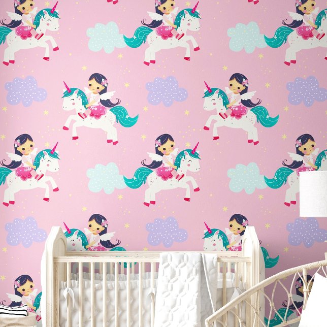 Niedlicher Cartoon Flying Unicorn Rosa Kinderzimme Tapete (Cute Cartoon Flying Unicorn Pink Nursery Room Wallpaper)