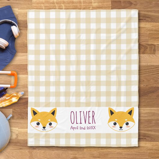 Niedlicher Cartoon Fox Head Gingham Name Birth Fleecedecke