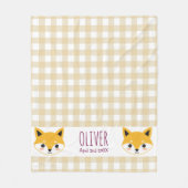 Niedlicher Cartoon Fox Head Gingham Name Birth Fleecedecke (Vorderseite)
