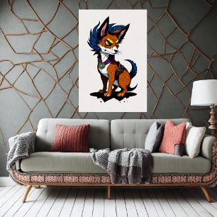 Niedlicher Cartoon Fox mit blauem Haar   Art der A Poster