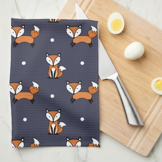 Niedlicher Cartoon Fox-Muster in Midnight Blue Geschirrtuch (Viertel Falte)
