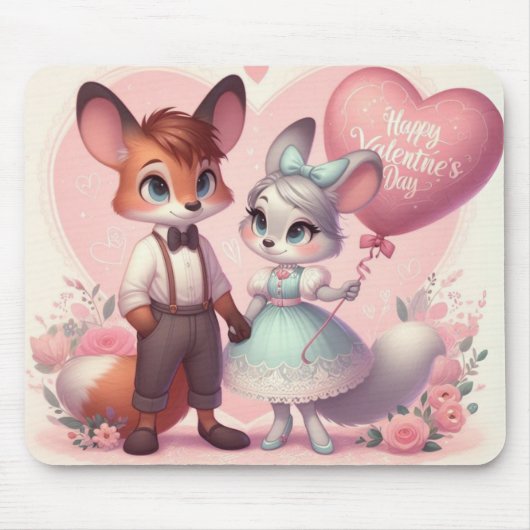 Niedlicher Cartoon Füchse Valentinstag Mousepad (Vorne)