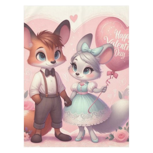 Niedlicher Cartoon Füchse Valentinstag Tischdecke (Vorderseite)