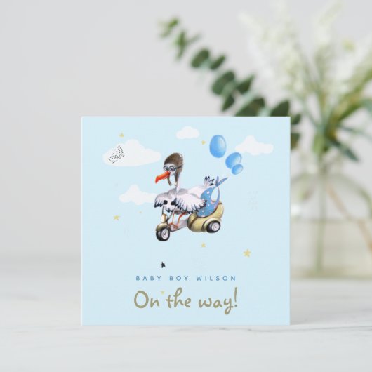 Niedlicher Cartoon Funny Stork Scooter Junge Schwa Ankündigung (Stehend Vorderseite)