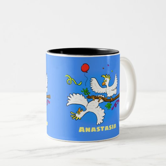Niedlicher Cartoon für lustige Kakatovögel Zweifarbige Tasse (VorderseiteRechts)