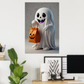 Niedlicher Cartoon Ghost Holding einer Trick-oder- Poster (Heimbüro)