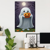 Niedlicher Cartoon Ghost Holding einer Trick-oder- Poster (Heimbüro)