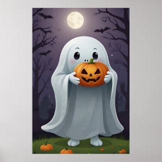 Niedlicher Cartoon Ghost Holding einer Trick-oder- Poster