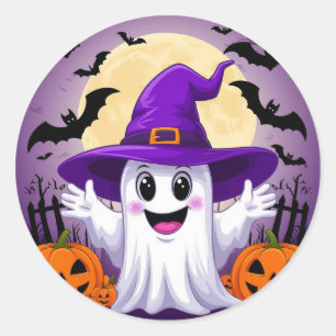 Niedlicher Cartoon Ghost in Hexenhut mit Pumpkins Runder Aufkleber