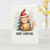 Niedlicher Cartoon Ginger Cat in Weihnachtsmannmüt Karte (Gelbe Blume)